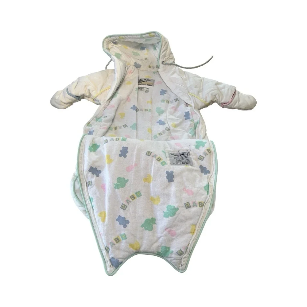 Vintage London Fog Baby Bunting Snowsuit Pastel Quilted Hooded‎ 0-6 Months White